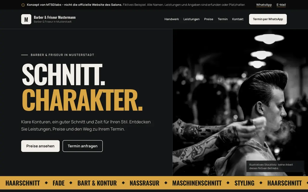 Screenshot of the fictional concept “Barber & Friseur Mustermann” (Barbershop)