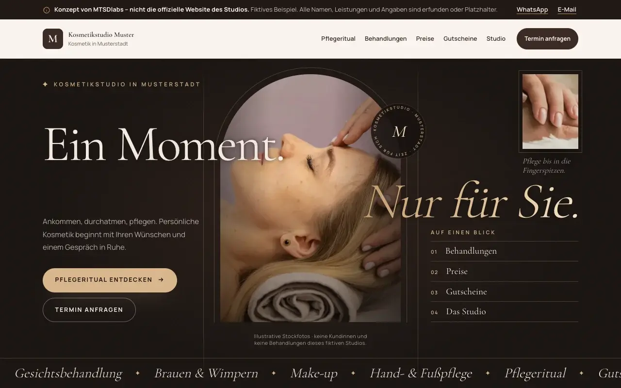 Screenshot of the fictional concept “Kosmetikstudio Muster” (Beauty studio)