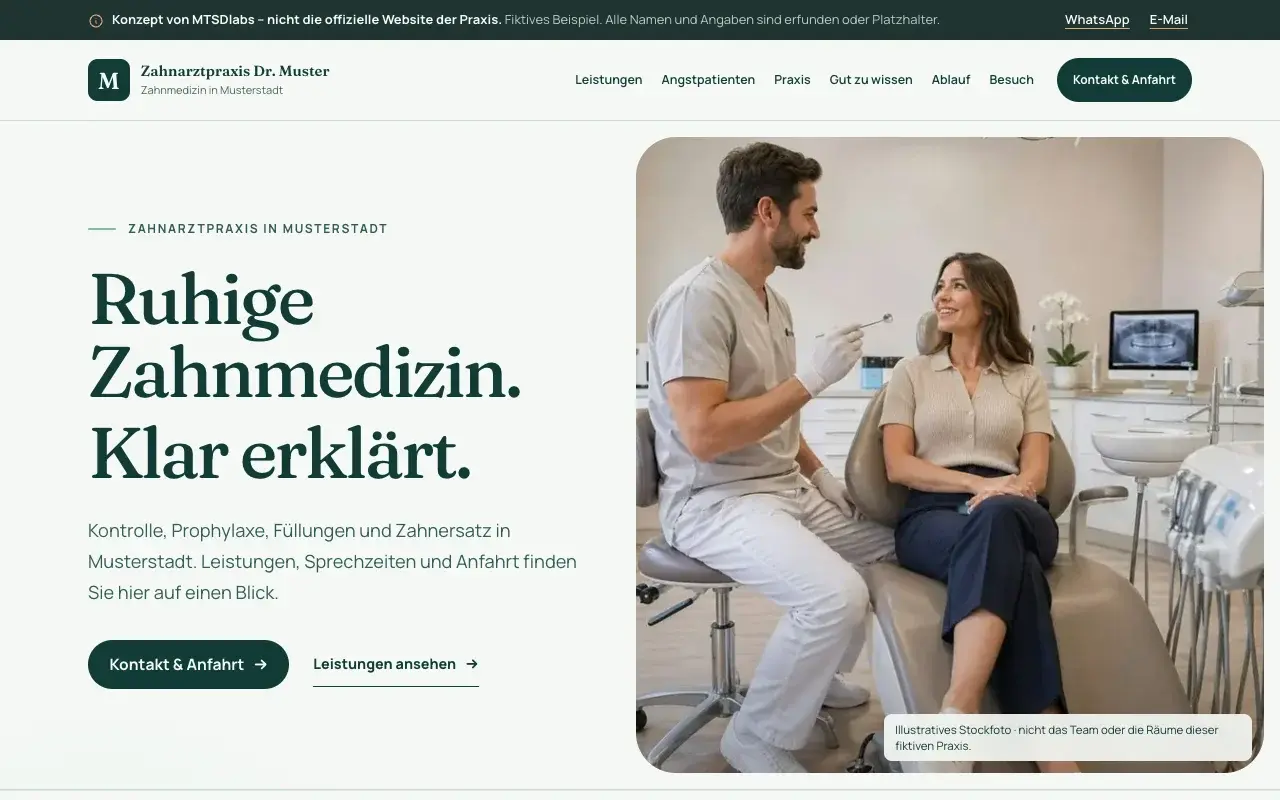 Screenshot of the fictional concept “Zahnarztpraxis Dr. Muster” (Dental practice)