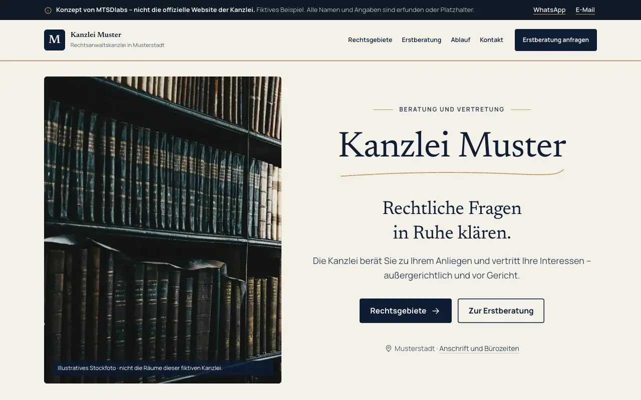 Screenshot of the fictional concept “Kanzlei Muster” (Law firm)