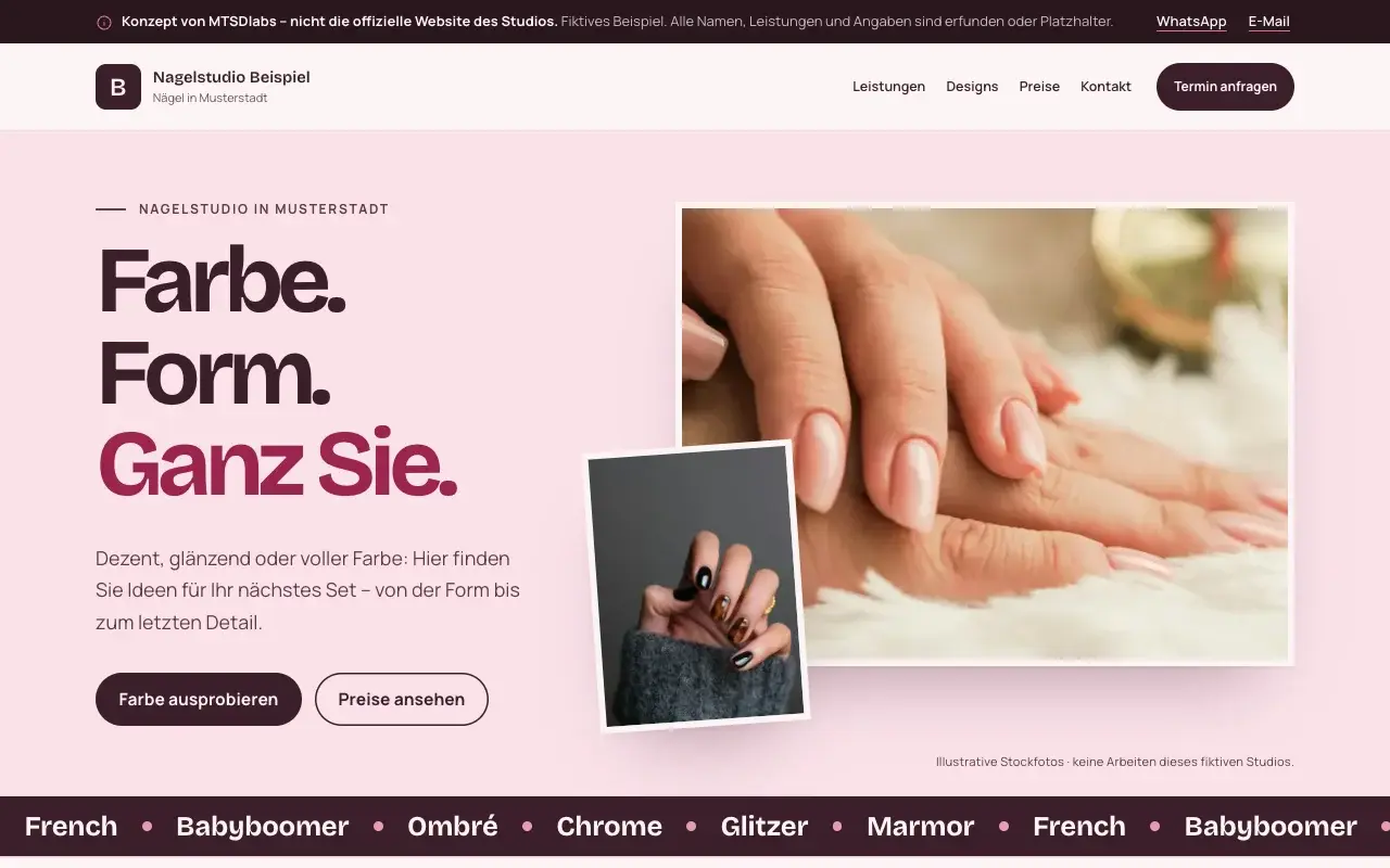 Screenshot of the fictional concept “Nagelstudio Beispiel” (Nail studio)