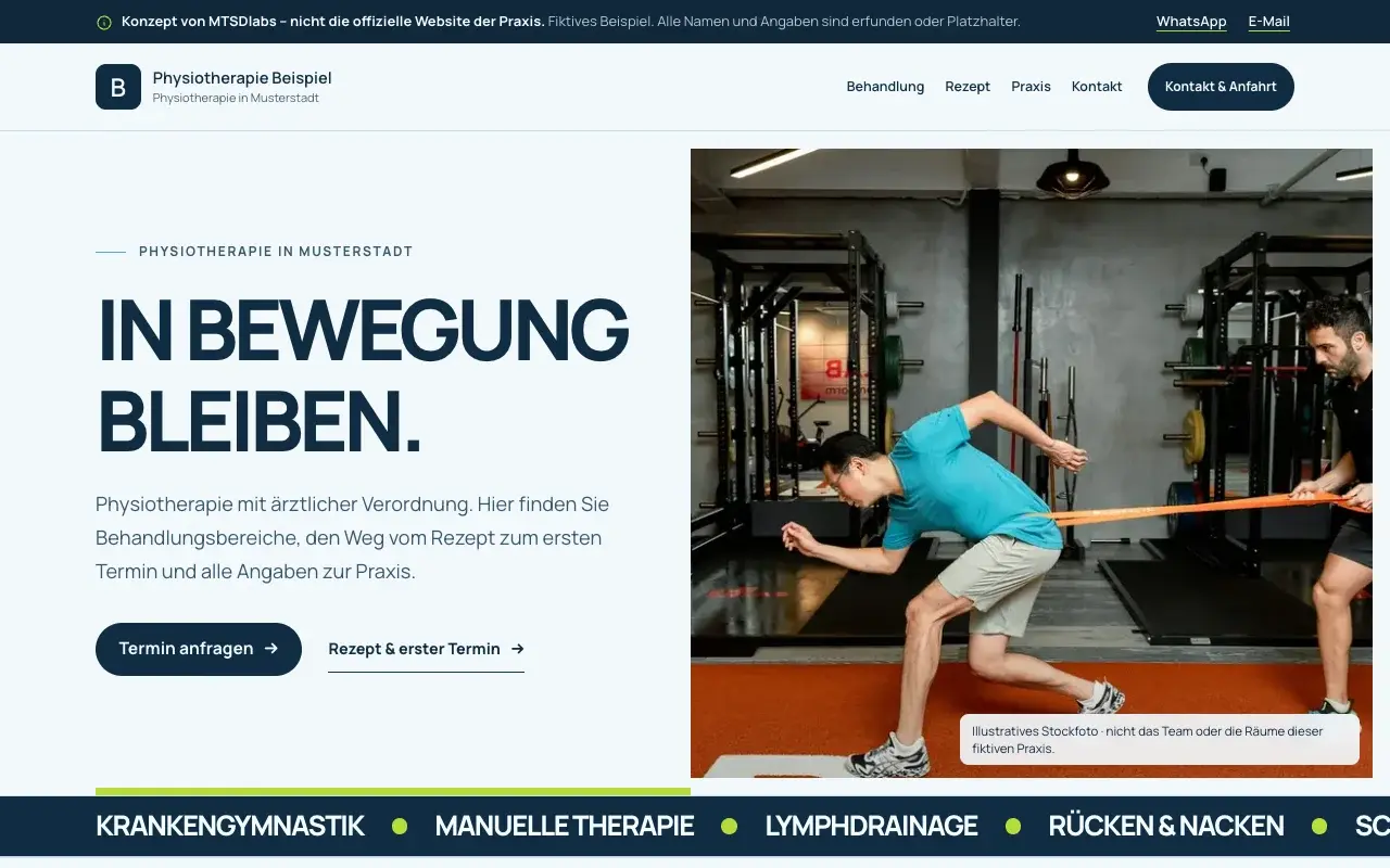 Screenshot of the fictional concept “Physiotherapie Beispiel” (Physiotherapy)